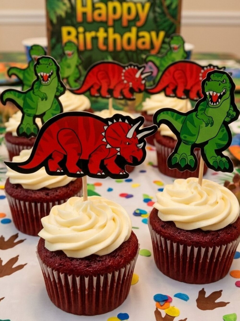 24 Dinosaur Cupcake Toppers Picks T-Rex Triceratops Birthday Party Supplies